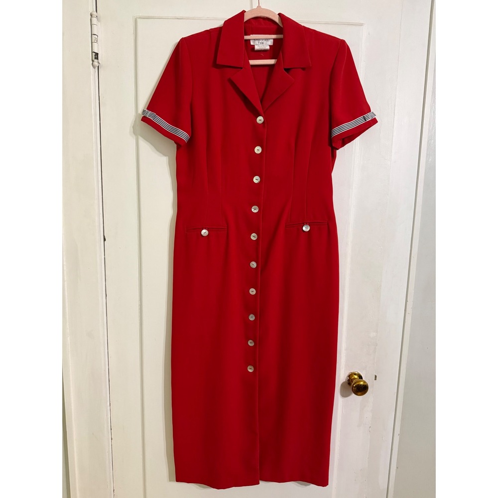 Miss Dorby Vintage Red Button Front Midi Dress Nautical Striped Trim Size 12